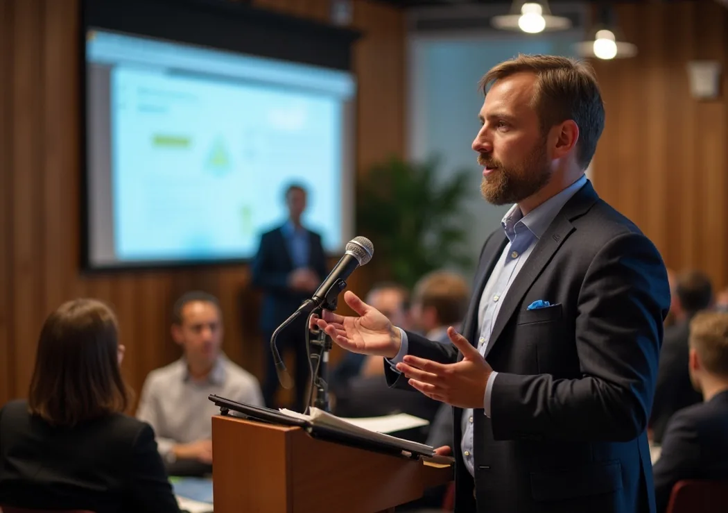 Public speaking coach in training room
